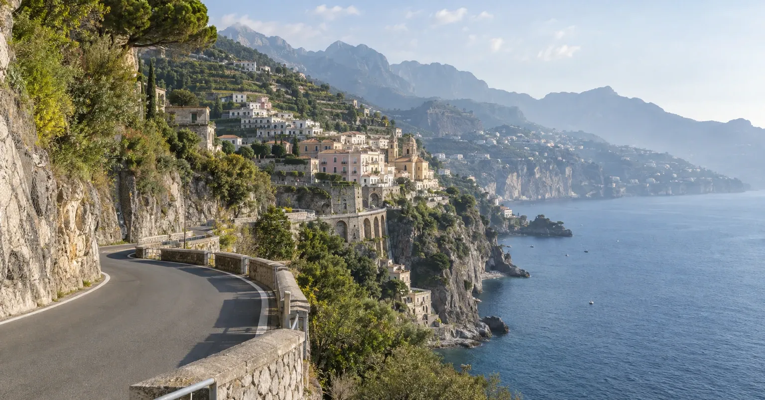 A narrow cliff road passing Mediterranean villages above the Amalfi Coast