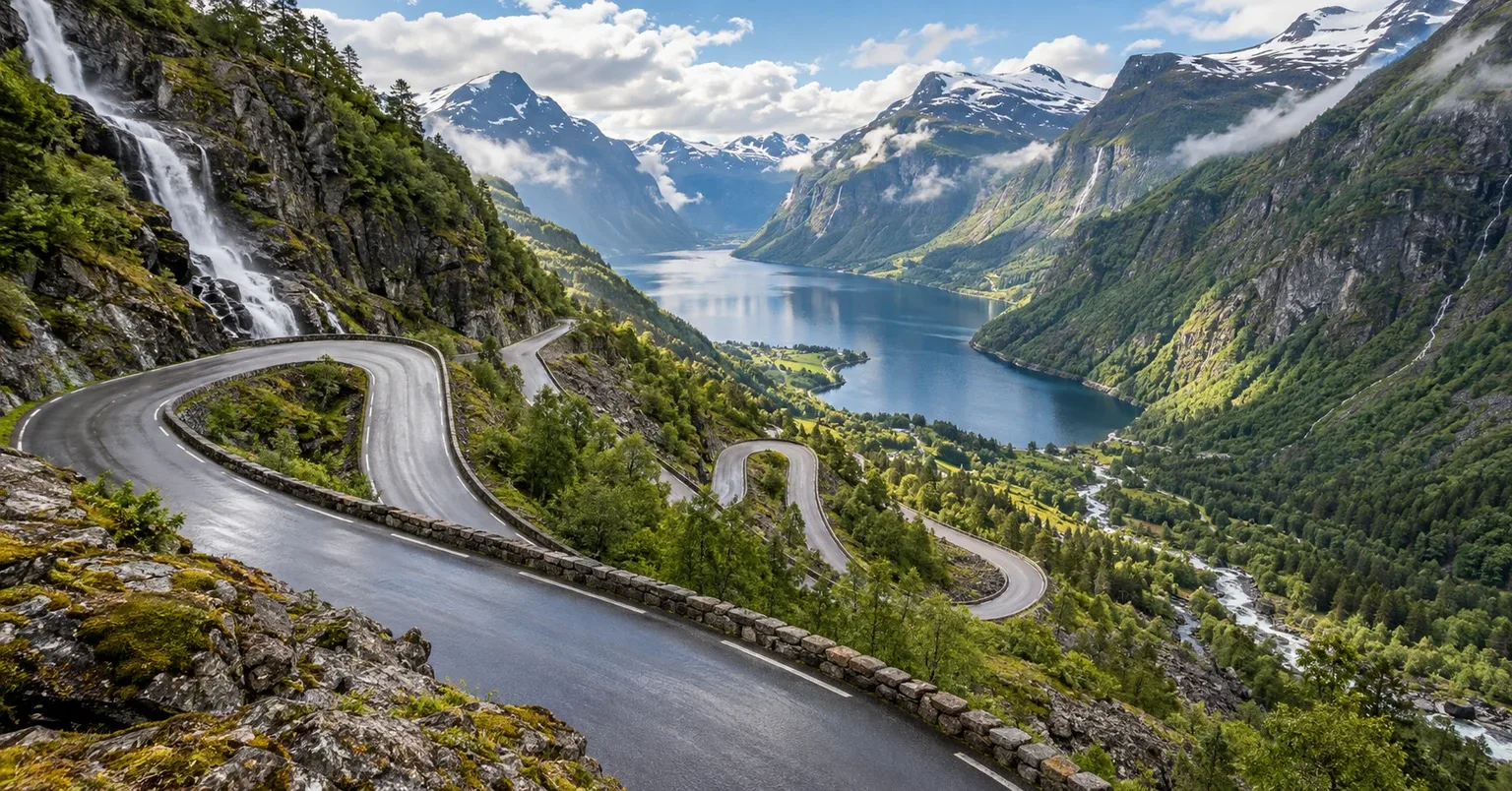 Geiranger-Trollstigen hairpin roads descending beside waterfalls toward a deep Norwegian fjord