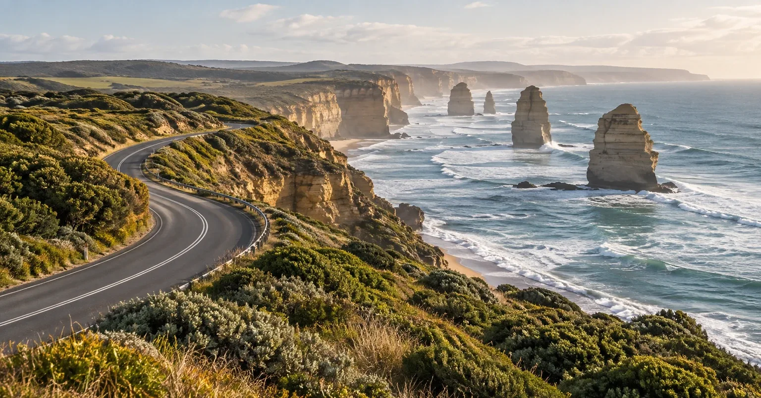 A winding coastal highway above sea stacks on Australia's Southern Ocean