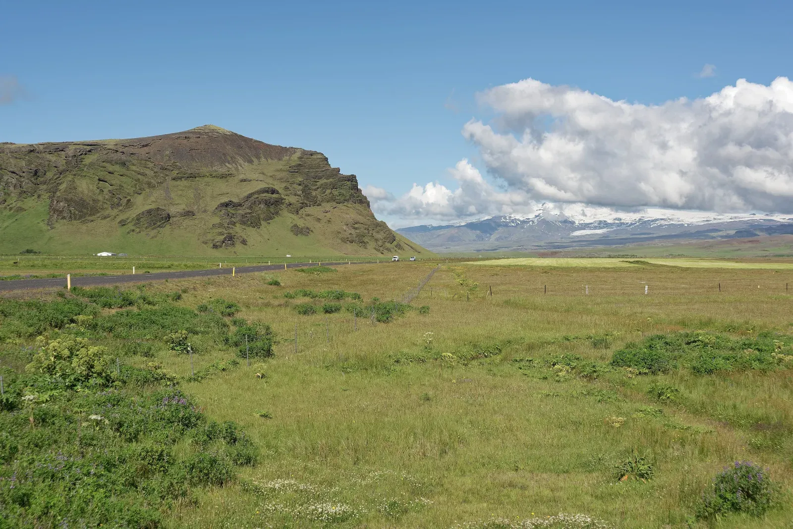 Iceland's Route 1 crossing a broad volcanic plain beneath mountains