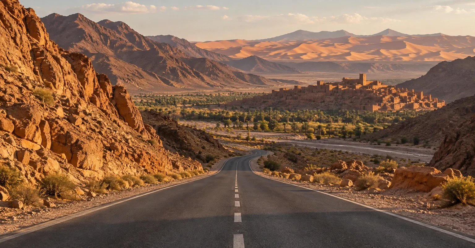A paved road crossing Morocco's ochre Atlas landscape toward an oasis settlement and Sahara dunes