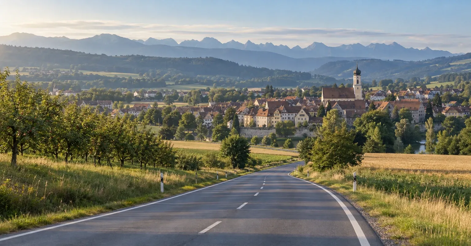 A quiet road approaching a medieval Bavarian town beneath Germany's Alpine foothills